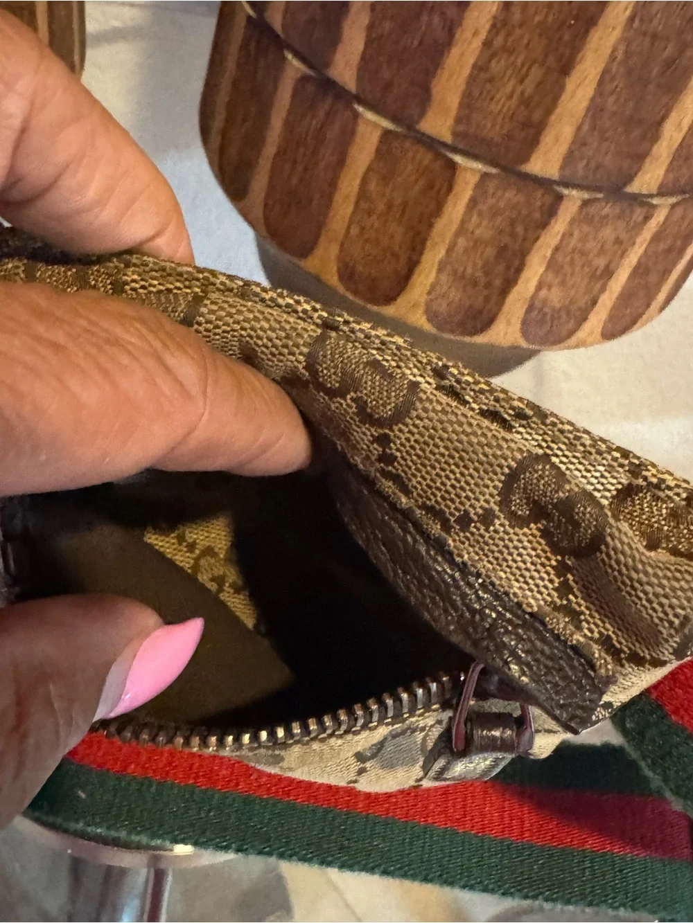Gucci Brown Monogram Canvas Belt Bag with Green and Red Webbing